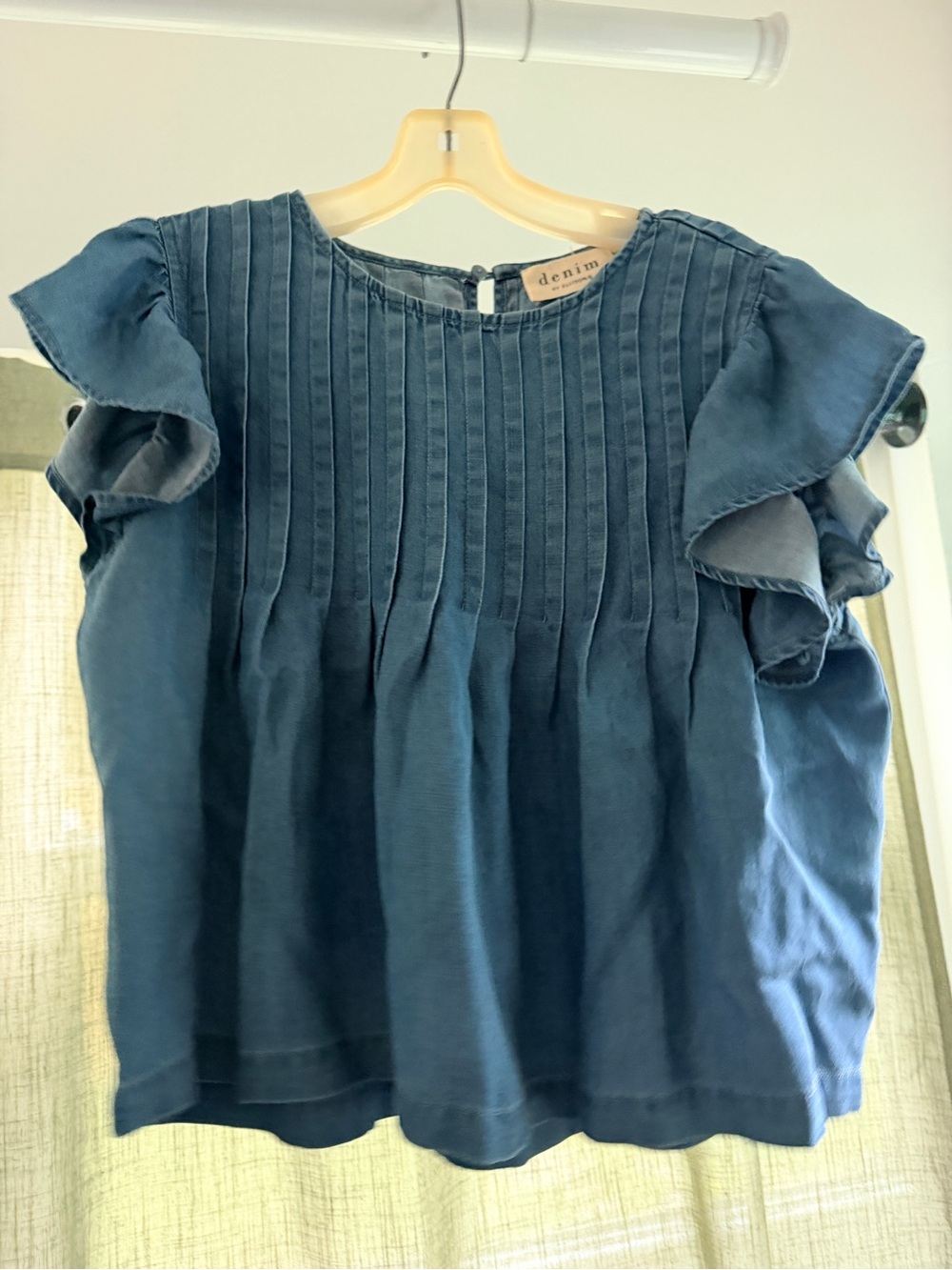 Ellison Denim Pintuck Ruffle Sleeve Blouse